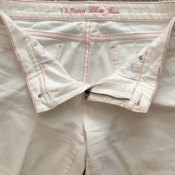 L.L. Bean White Jeans: Pink Stitching accents, Ribbon belt, Bootcut & Wider Leg - Picture 5 of 12